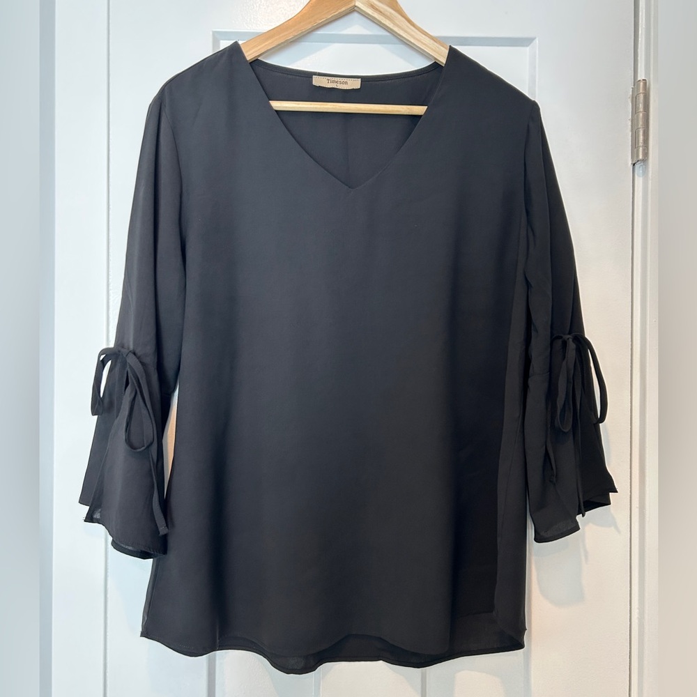 Chic Black V-Neck Blouse with Tie Sleeves